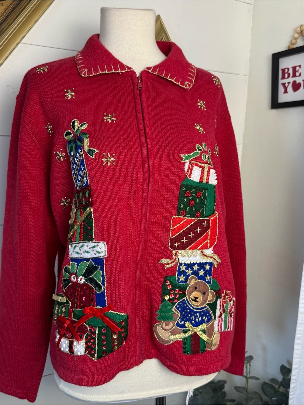Vintage Tiara Christmas Sweater Zip Up Cardigan Presents Teddy Bear Holiday